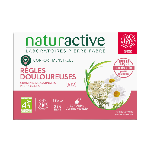 Naturactive - Règles douloureuses BIO - Grande Camomille & Achillée Millefeuille - Confort menstruel & crampes abdominales pendant les règles 30 Gélules